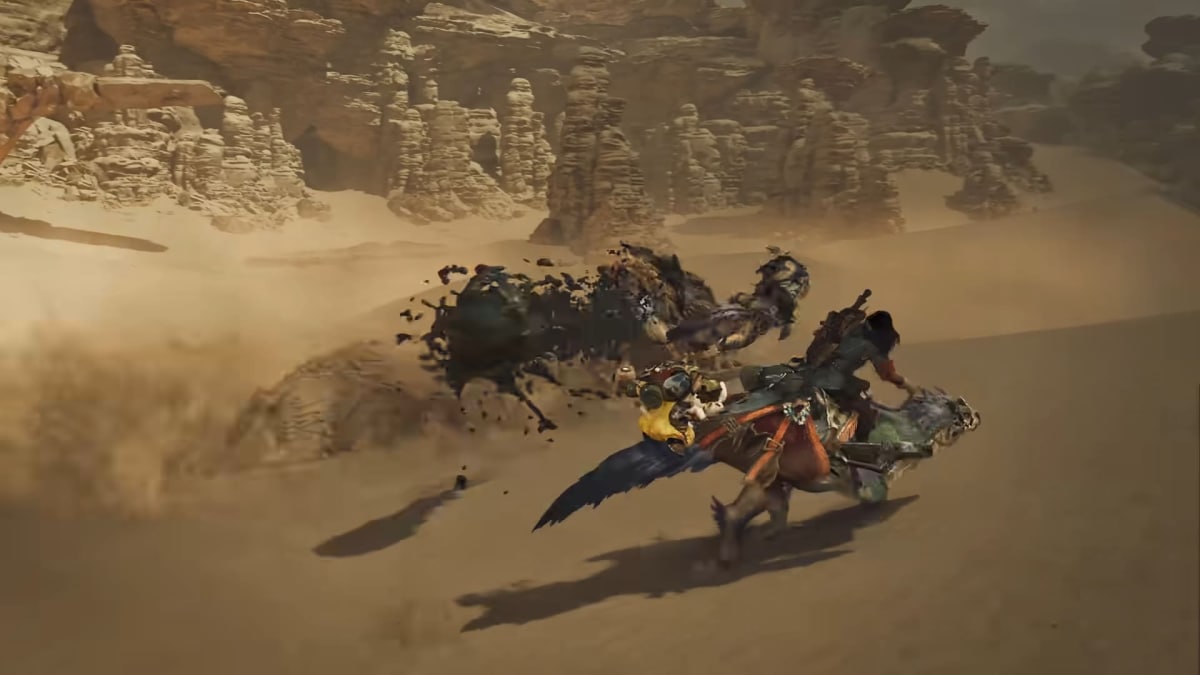 The hunter dodges a shot of glop in Monster Hunter Wilds