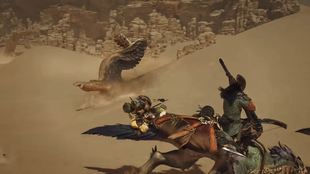 The hunter aims her heavy bowgun while mounted on a Seikret in Monster Hunter Wilds