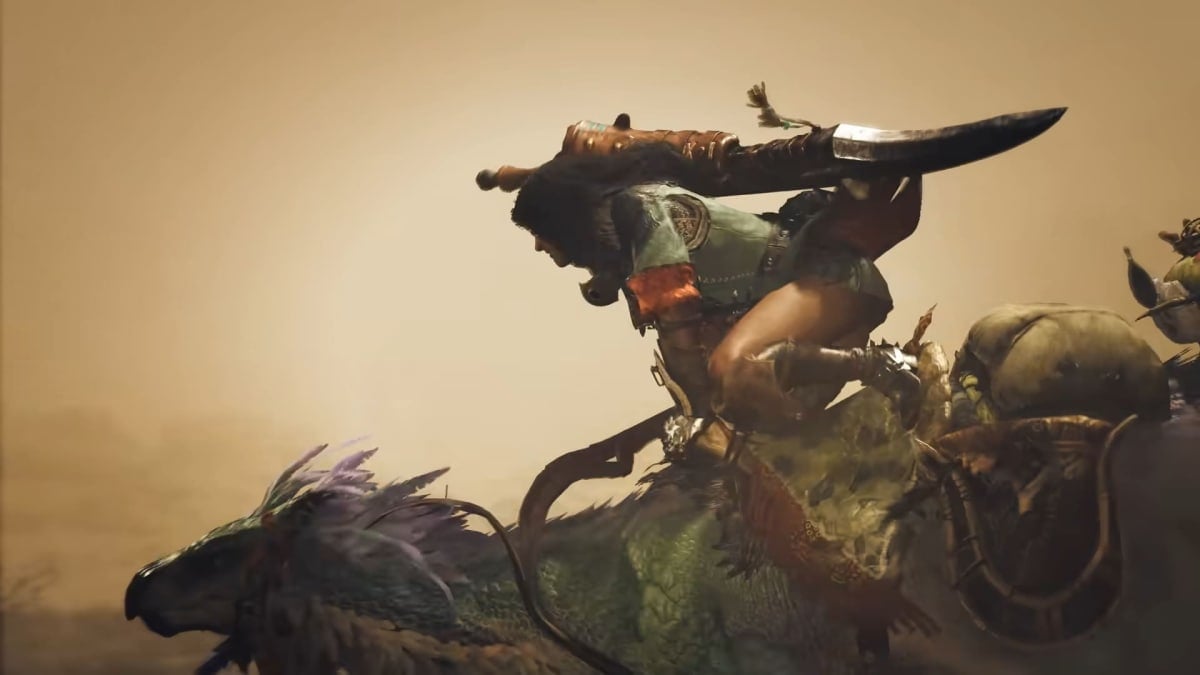 The hunter rides a Seikret in Monster Hunter Wilds