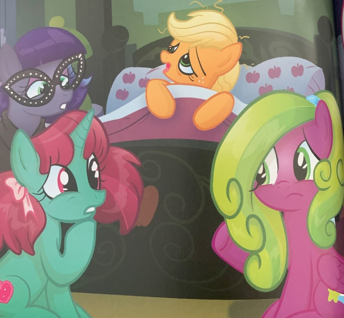 A screenshot from My Little Pony: Dark Skies Over Equestria, featuring a bedridden Applejack.