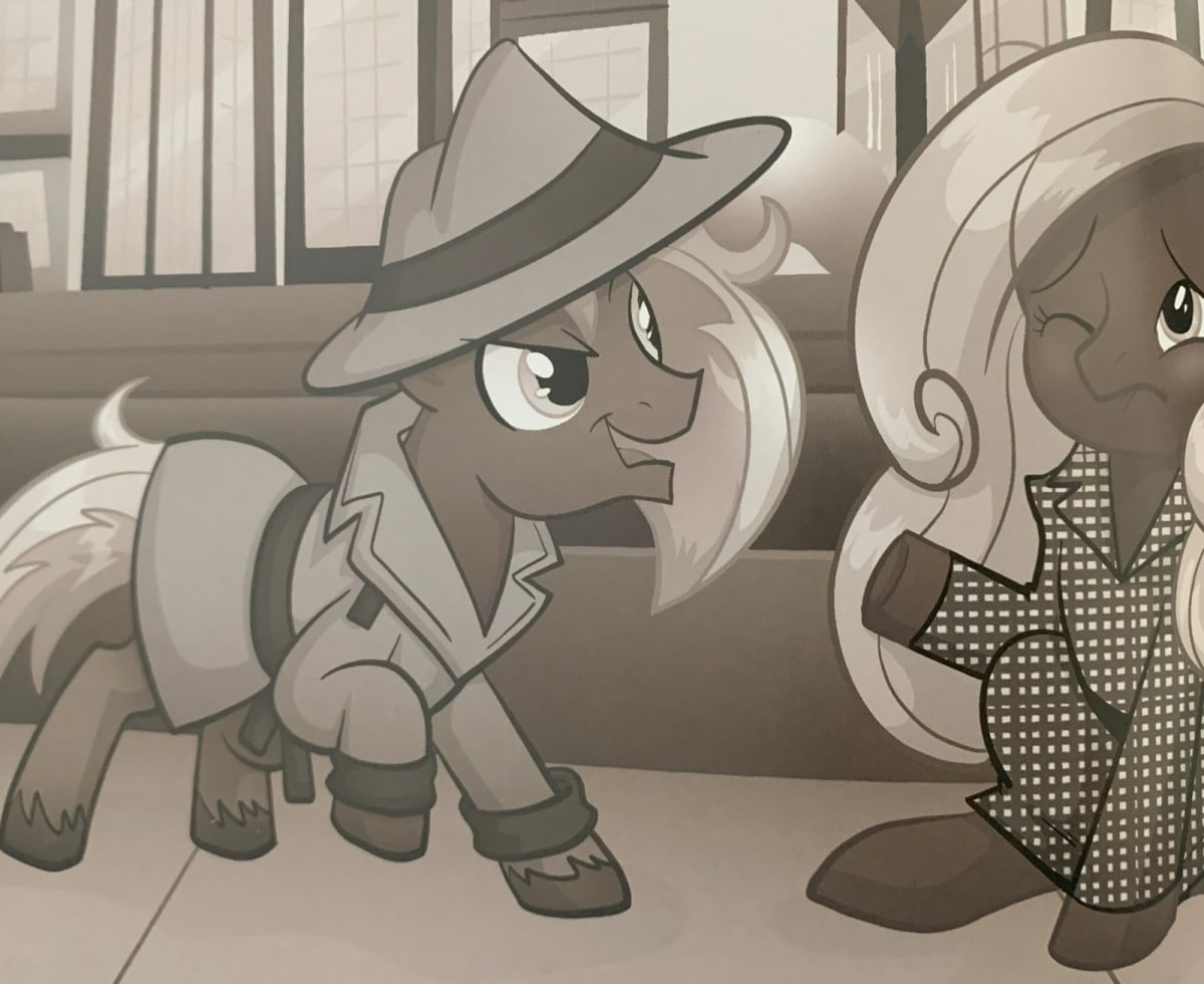 A screenshot from My Little Pony: Dark Skies Over Equestria, showing two ponies in a city. They are wearing trenchcoats, hats, and dresses. The artwork is in black and white.