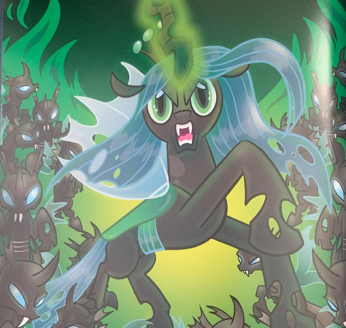 A screenshot from My Little Pony: Dark Skies Over Equestria, featuring Queen Chrysalis and her army of changelings.