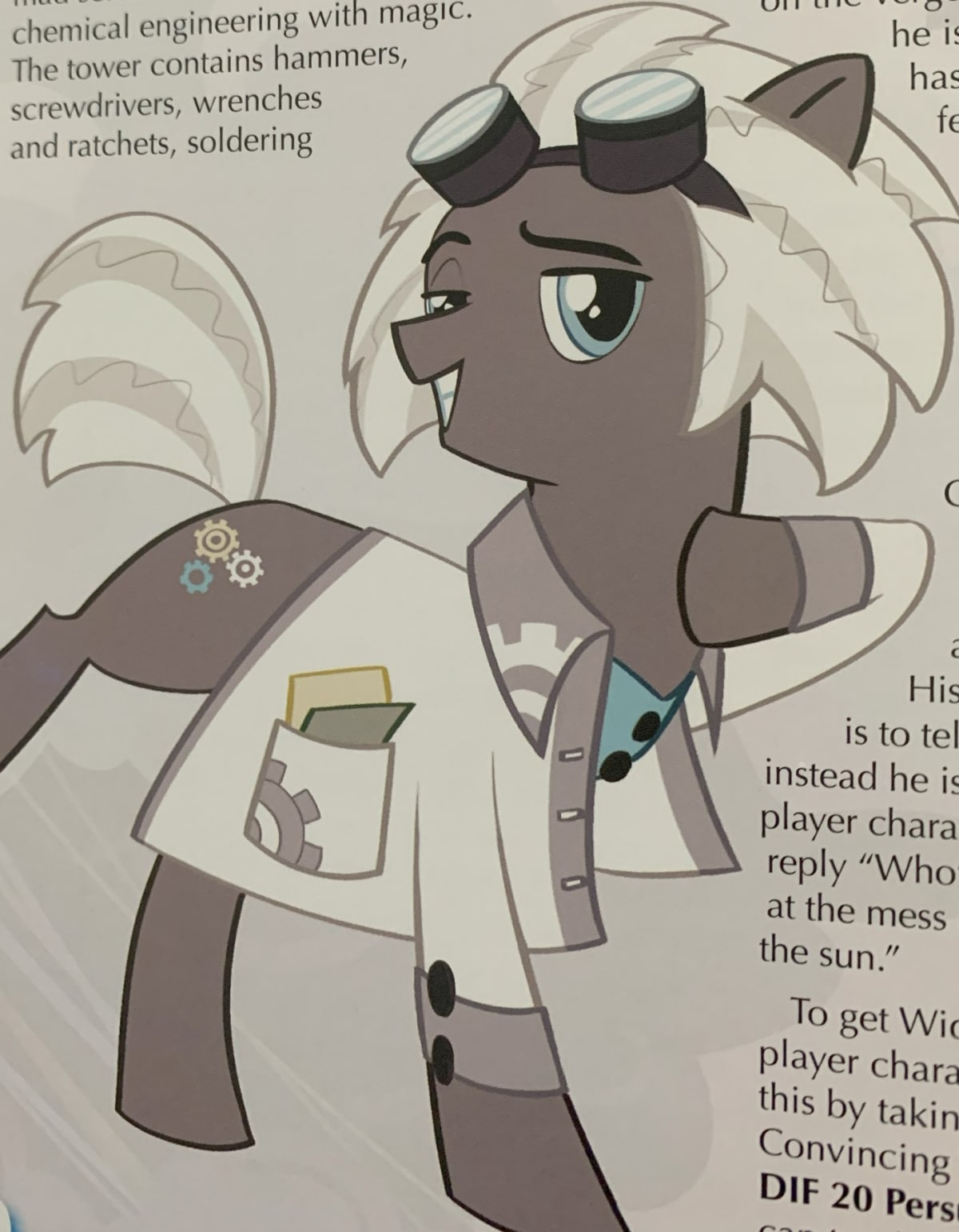 A screenshot of the inventor pony Widget from My Little Pony: Dark Skies Over Equestria. He has a white lab coat, white hair, a pair of goggles, and a cutie mark in the shape of turning cogs.