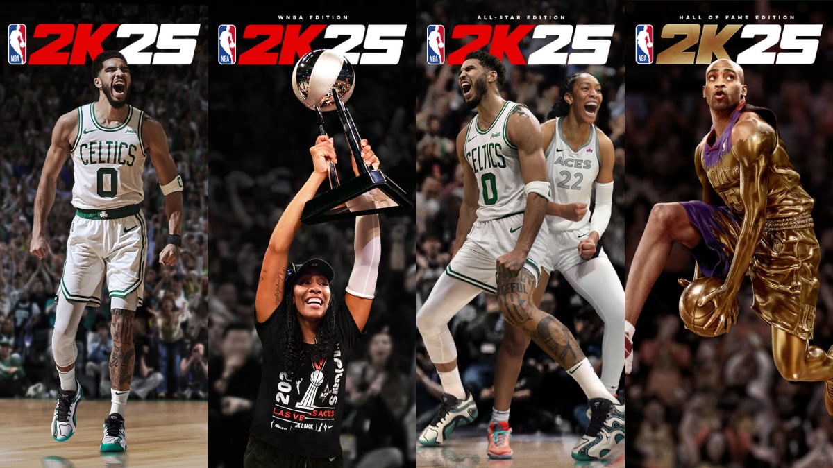 The different cover art styles available for NBA 2K25, featuring three different cover athletes