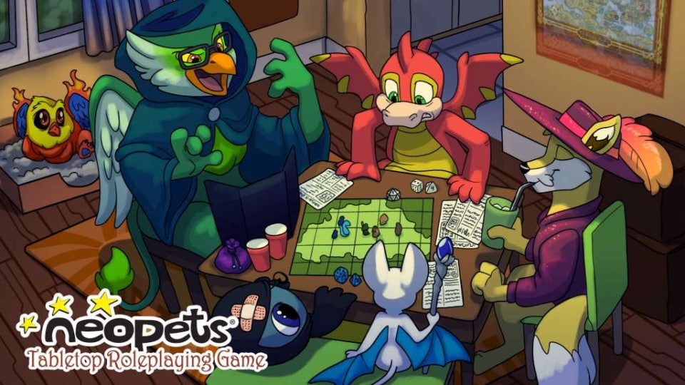 A promotional image of the Neopets Tabletop RPG, showing several Neopets dressed up and sitting at a table covered with maps and miniatures.