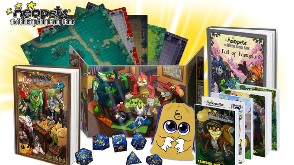 A promo image of the Neopets TTRPG, showing dice, maps, books, and branded dice bags.