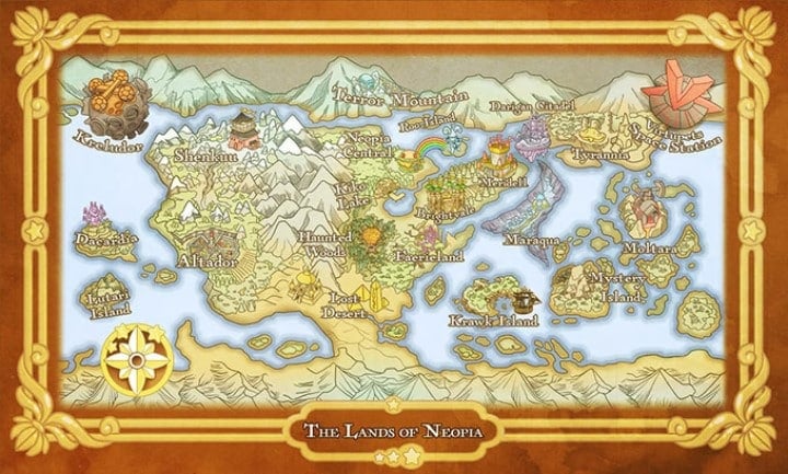 A screenshot of the Neopia map from the Neopets TTRPG, showing different regions