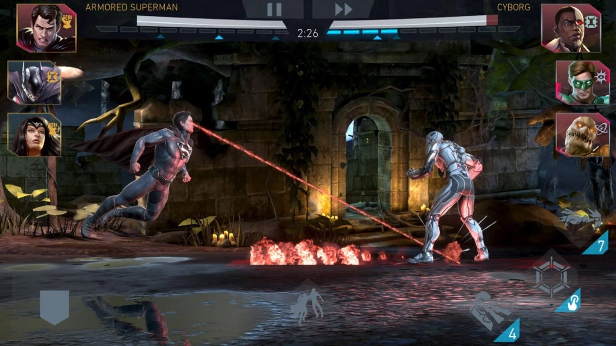 Superman fighting Cyborg in the NetherRealm mobile game Injustice 2