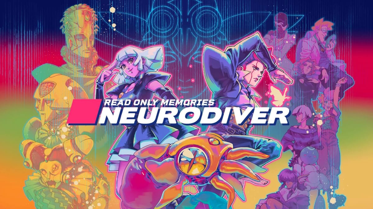 A spread-shot cover of Read Only Memories: NEURODIVER, showcasing many of the characters in the story, with ES88 and GATE posing in the middle.