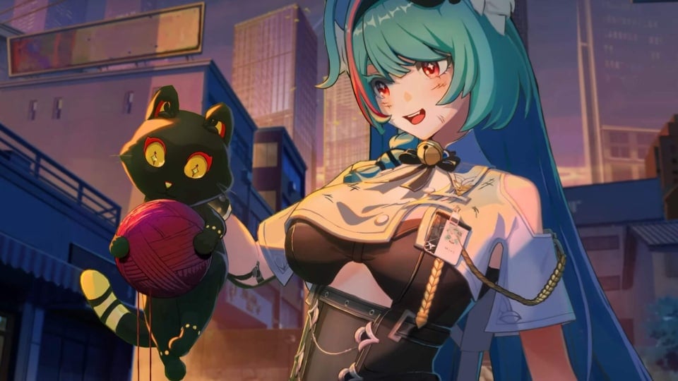 An anime character with a cute cat pet in the gacha RPG Neverness to Everness