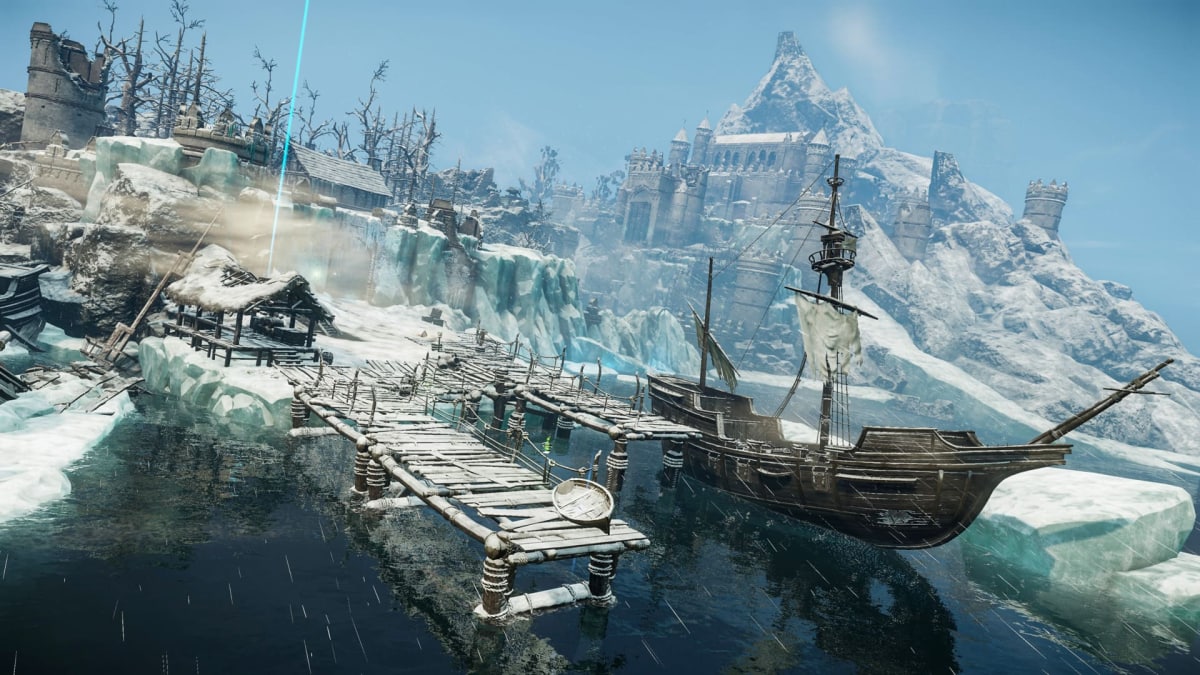 A vista showcasing a ship docked at port in New World: Aeternum