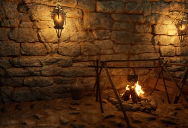 Nightingale Cooking and Food Guide - Cover Image Lit Campfire and Spit Roast in a Stone Building with Lamps on the Walls