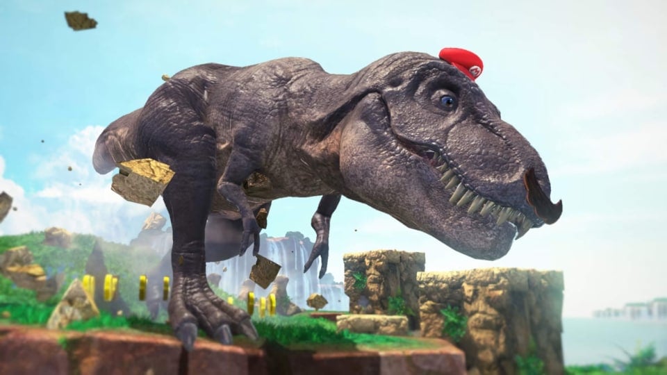 A T-rex with Mario's hat on in Super Mario Odyssey, a Nintendo game