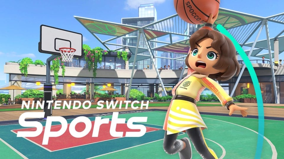 A Nintendo Switch Sports avatar about to dunk a basketball