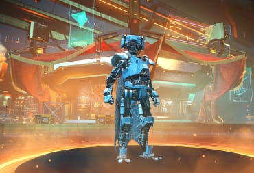 A robotic character standing proudly in a futuristic location in the No Man's Sky Echoes update