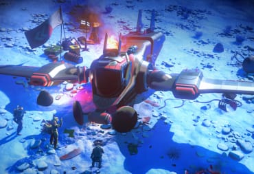 Players gathered around a starship in the No Man's Sky Orbital update