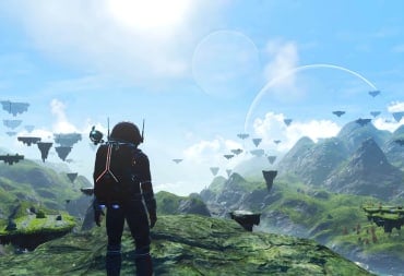 The player looking out over a sky filled with floating islands in the No Man's Sky Worlds Part I update