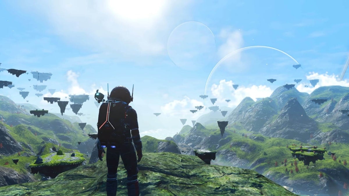 The player looking out over a sky filled with floating islands in the No Man's Sky Worlds Part I update