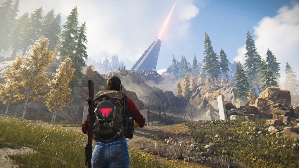 A character walking towards a strange-looking monument in the background in Once Human