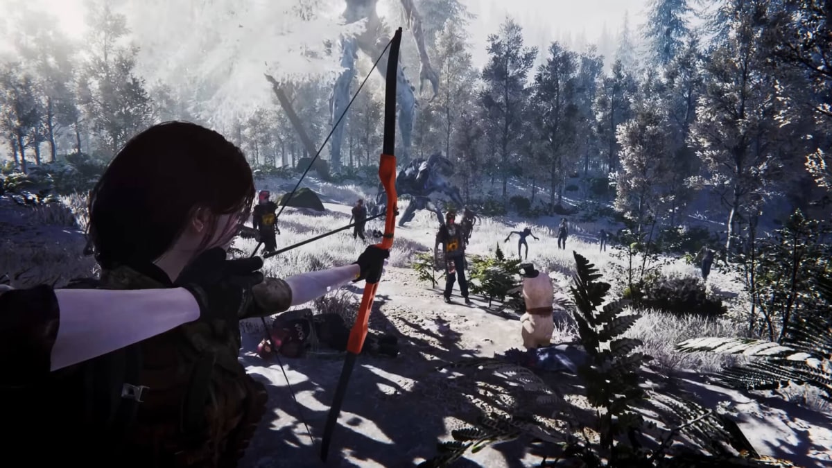 A player aiming a bow at enemies in a snowy forest in Once Human