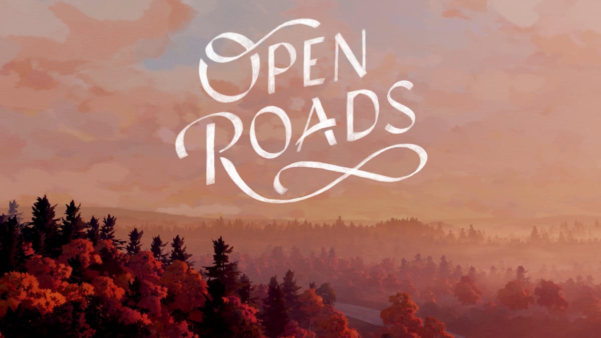 The Open Roads logo against key art depicting a forest and a pink sky