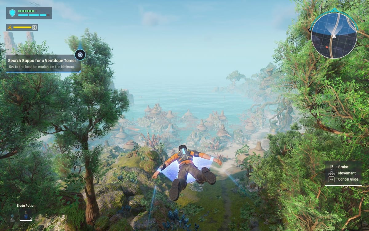 Outcast a New Beginning screenshot showing a man in an orange top gliding over a lush forest with a full GUI visible