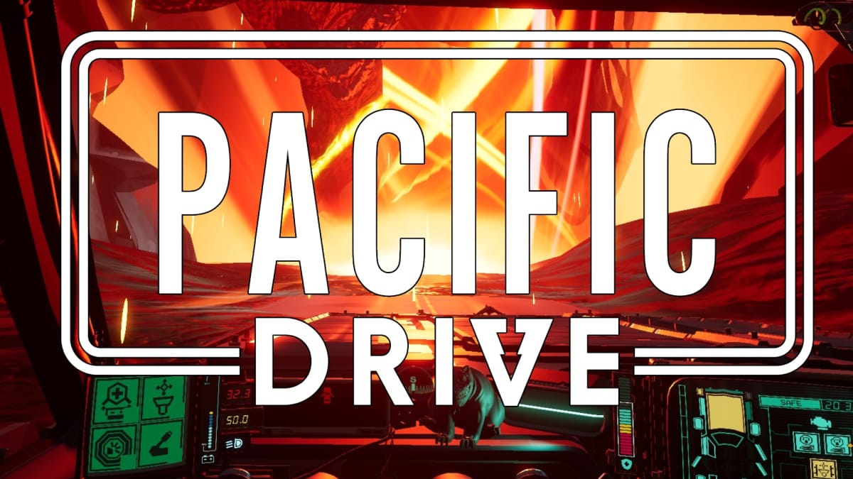 Pacific Drive key art with a screenshot showing a giant swirling red vortex of death with the words PACIFIC DRIVE in all caps blasted across the entire image