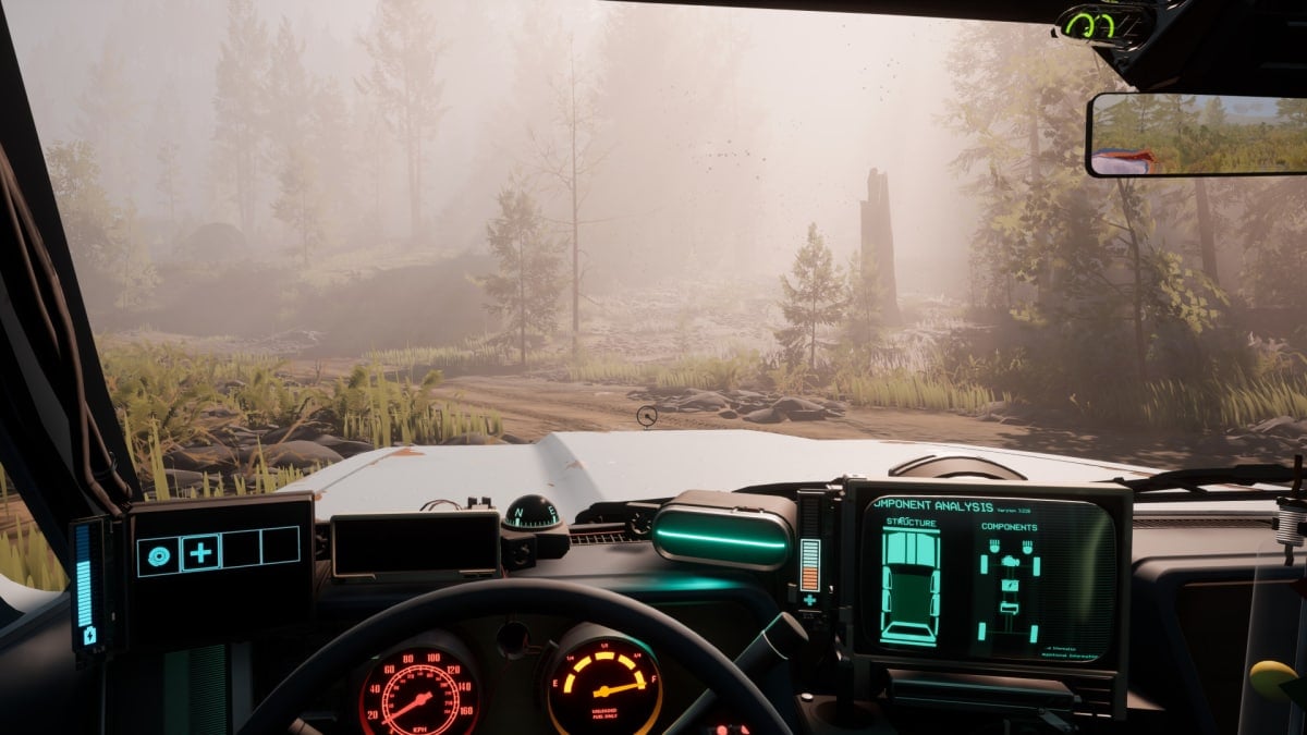 The player driving through a misty forest in Pacific Drive