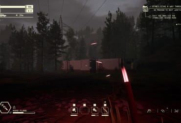 pacific drive screenshot showing a first person of someone looking at a trailer while holding a road flare