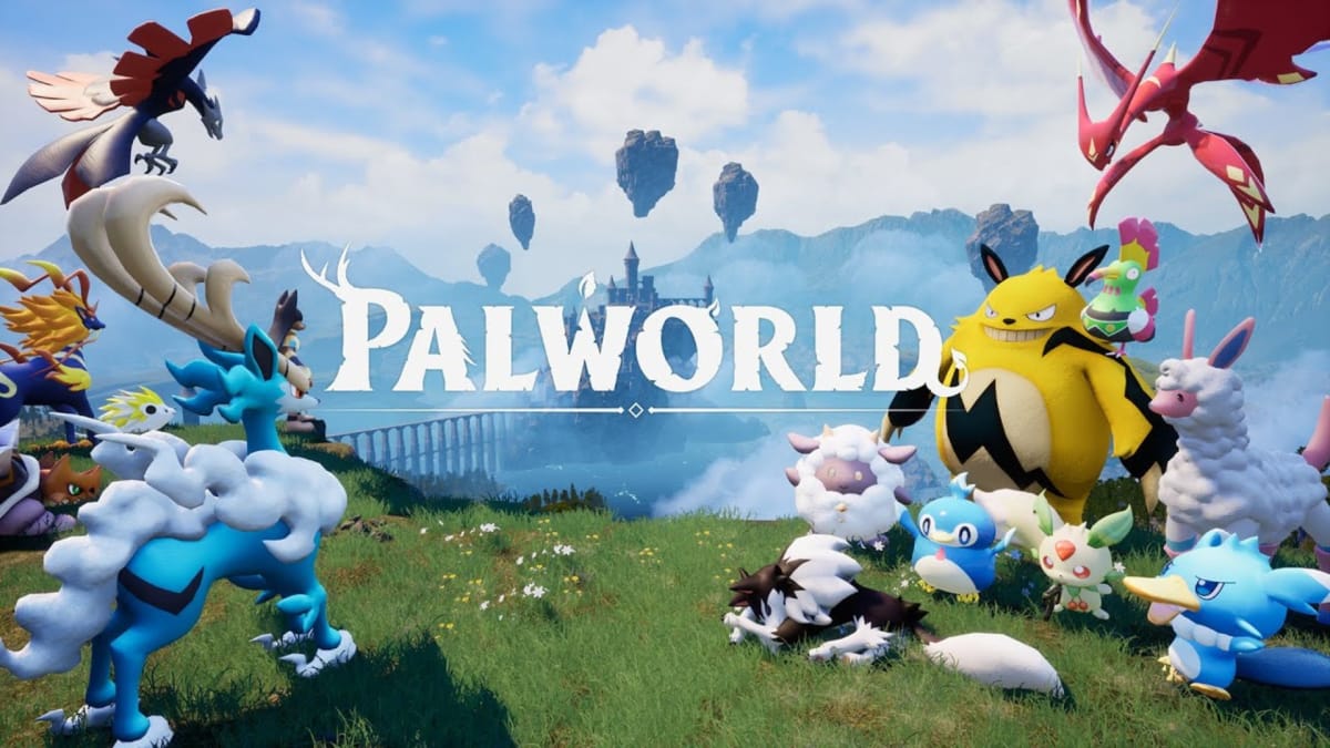 Palworld Key Art showing a fantasy world filled with colorful creatures standing on a cliff that overlooks a castle on a lake