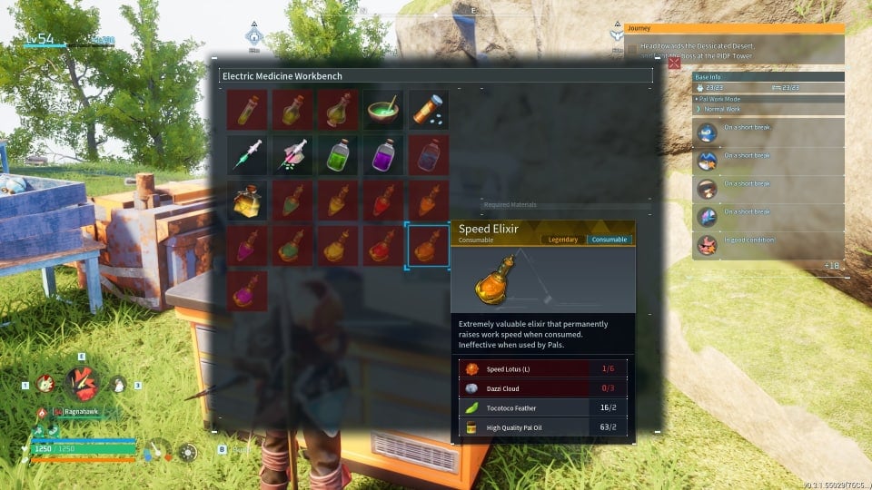 The crafting screen in Palworld showing off the different Remedy and Elixir items