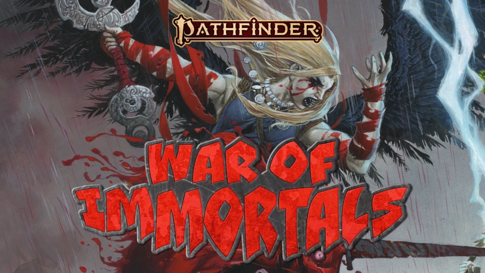 A promotional image of Pathfinder War of Immortals, showing a warrior wielding a blade in the middle of storm clouds raining blood.