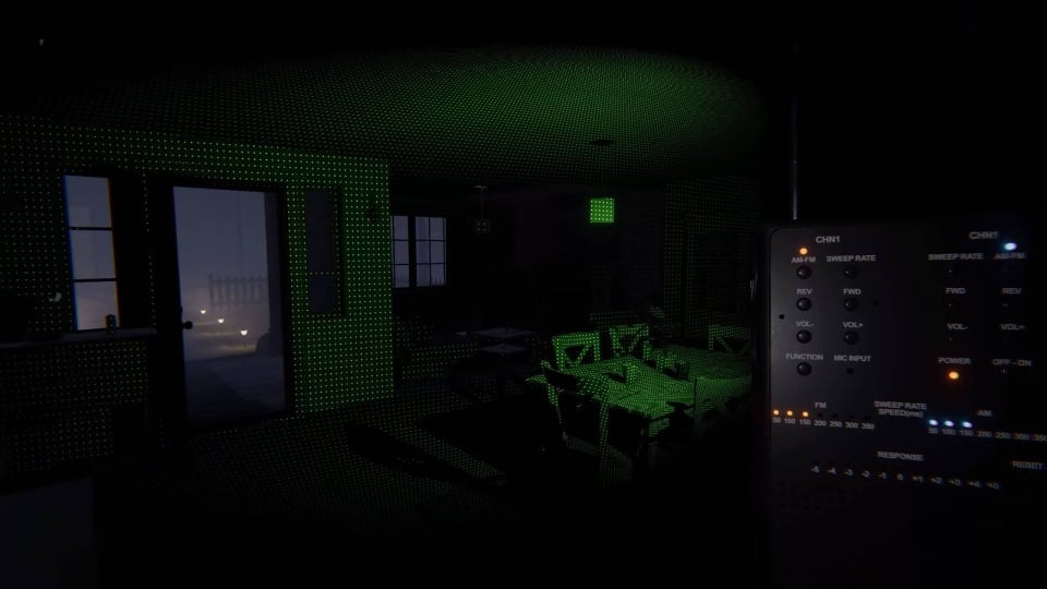 The player scanning the room with a ghost-hunting tool in Phasmophobia