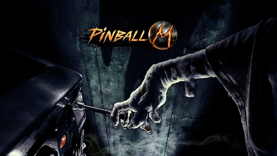 A spread-shot cover of Pinball M, showcasing an emaciated hand in darkness preparing to pull a pinball trigger.