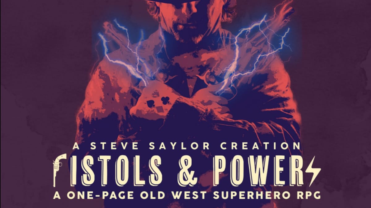 Promotional image of Pistols & Power, showing a cowboy holding two pistols. The pistols are crackling with electricity.