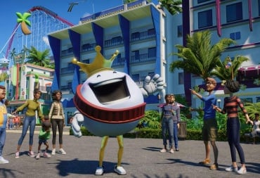 A mascot laughing as park guests gather around them in Planet Coaster 2