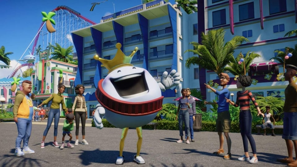 A mascot laughing as park guests gather around them in Planet Coaster 2