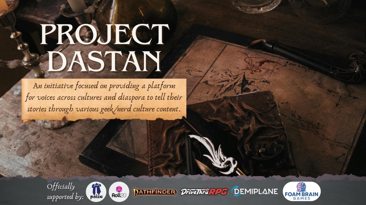 Promotional image for the backerkit campaign of Project Dastan, featuring a set of fantasy maps on an office desk.