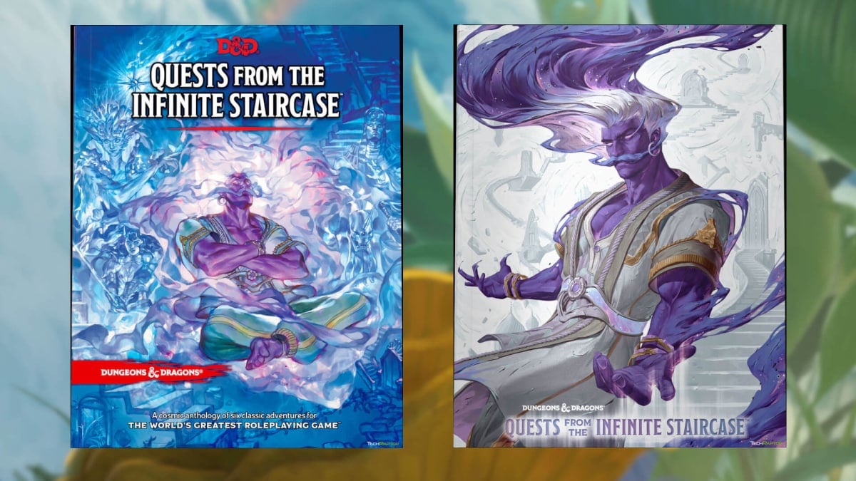 The regular and alternate art covers for Quests From The Infinite Staircase