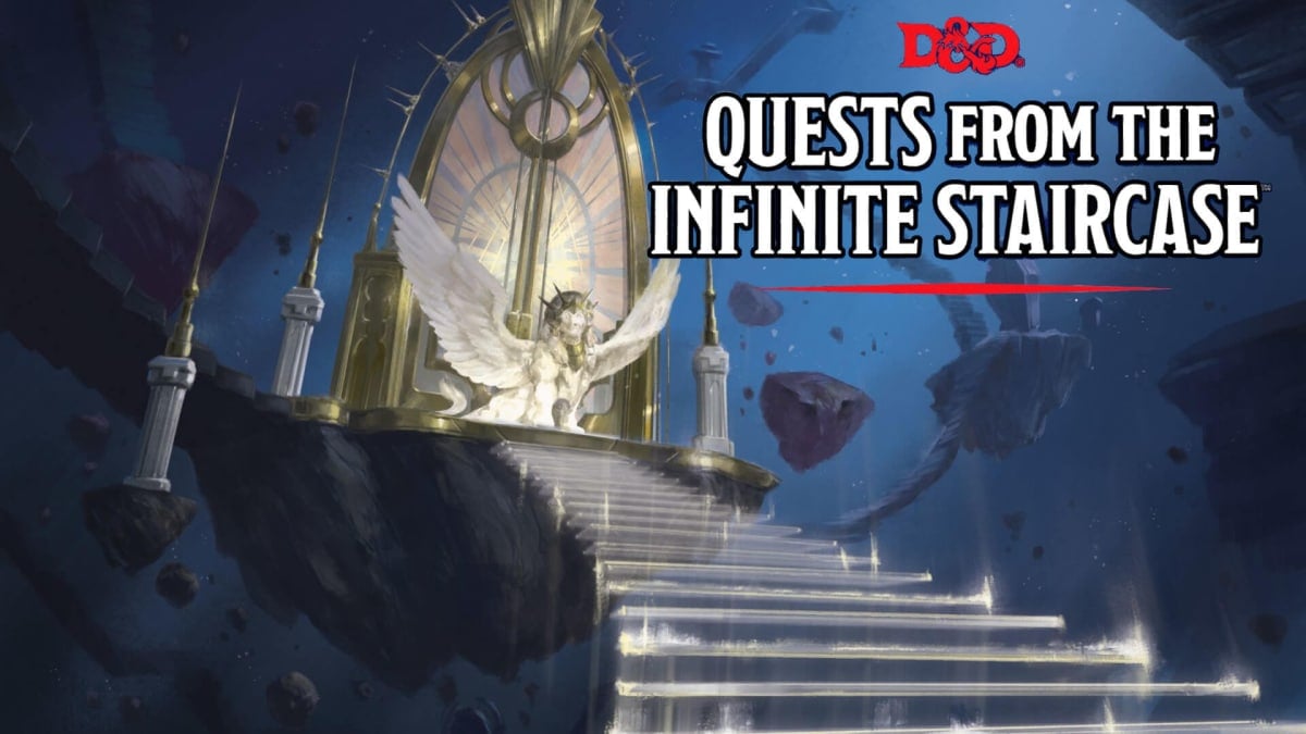 An image of an angelic looking door on the Infinite Staircase with Quests From The Infinite Staircase Logo