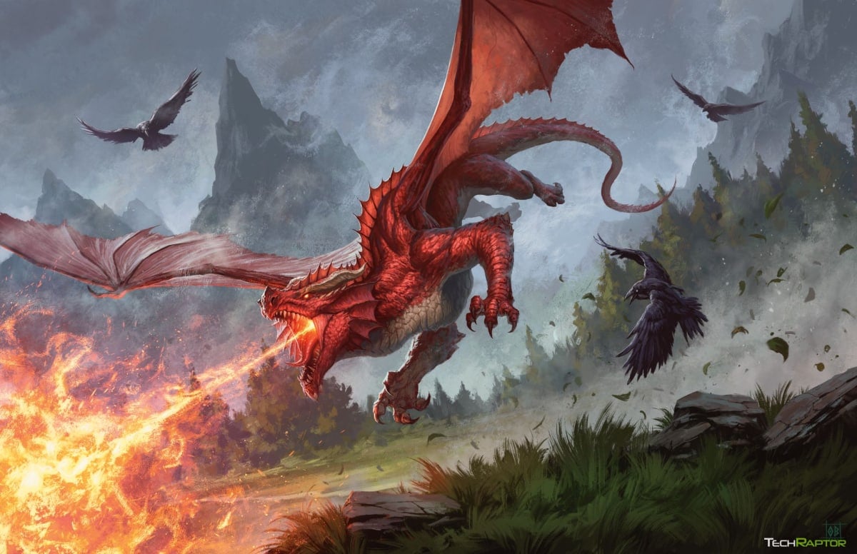 A red dragon attacking Artwork by Olivier Bernard