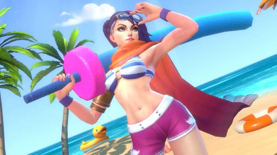 Fiora in her Pool Party skin, representing the supposedly-canceled Riot Games title Pool Party