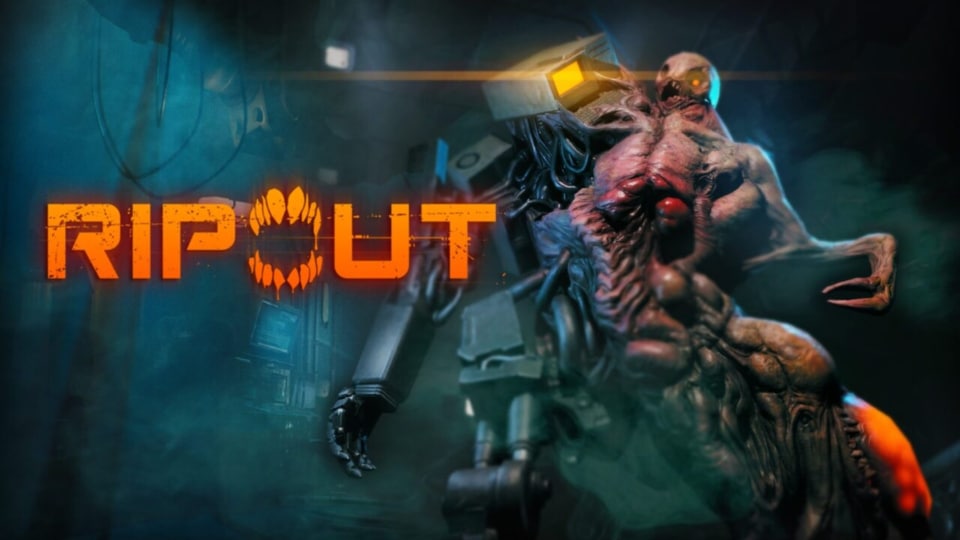 artwork displaying a horrific creature of flesh and machine screaming in apparent pain with the words Ripout written on the left side of the image.