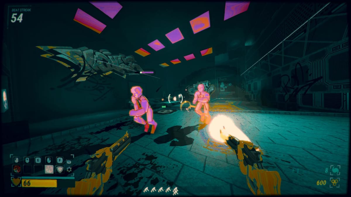 The player shooting at pink enemies in Robobeat