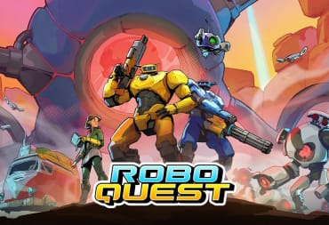 An spread-shot cover of Roboquest, showcasing a large yellow robot standing alongside a young girl and a blue robot against the backdrop of a large spherical robot.