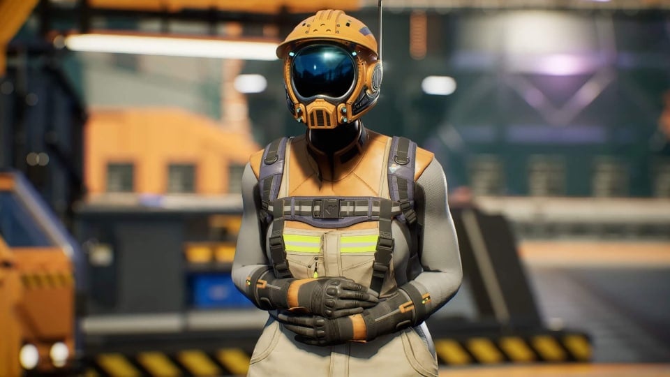 A character wearing a safety uniform and clutching their stomach in the Satisfactory 1.0 release date trailer