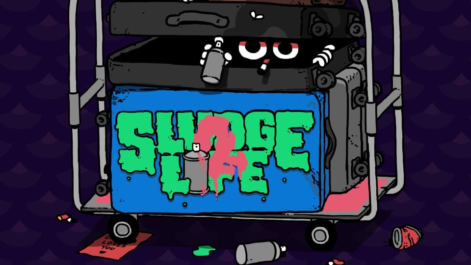 Key art for Sludge Life 2, which depicts a creature hiding in a dumpster