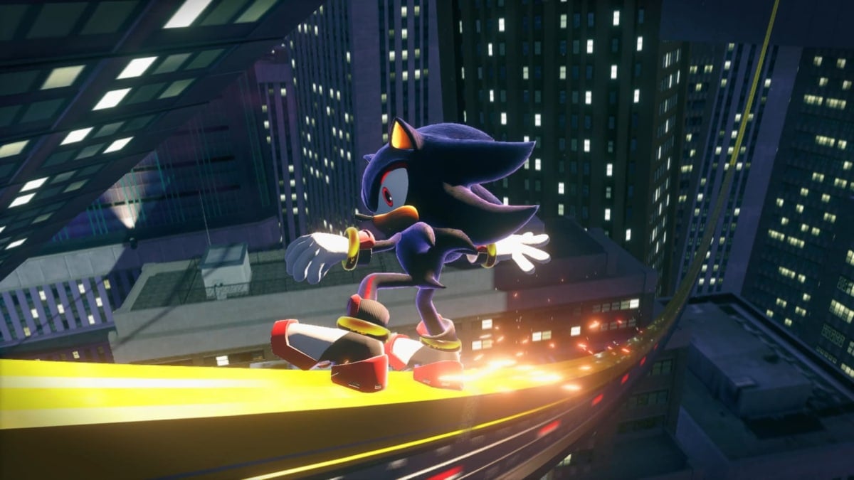 Shadow grinds on a rail in Sonic x Shadow Generations