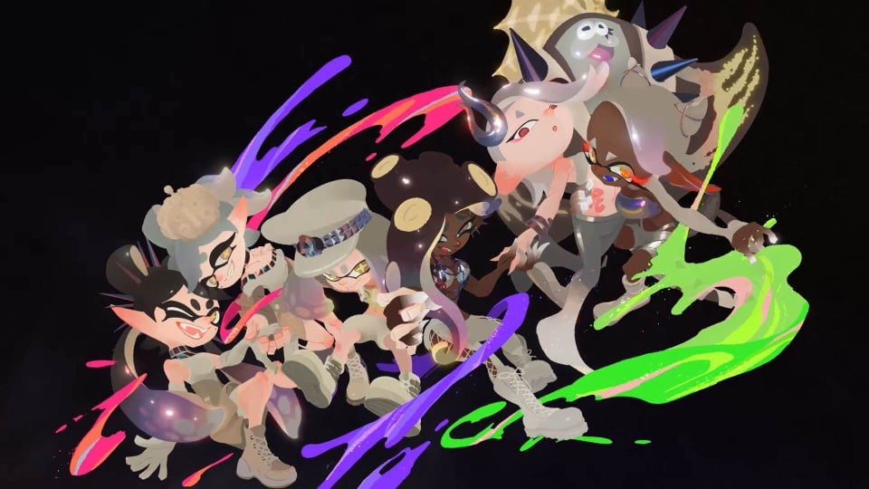 Artwork of the Squid Sisters, Deep Cut, and Off the Hook in Splatoon 3's Grand Festival