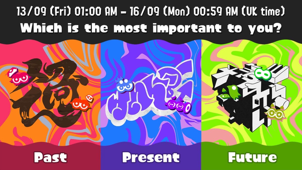 Artwork representing Past, Present, and Future in the upcoming Splatoon 3 Grand Festival